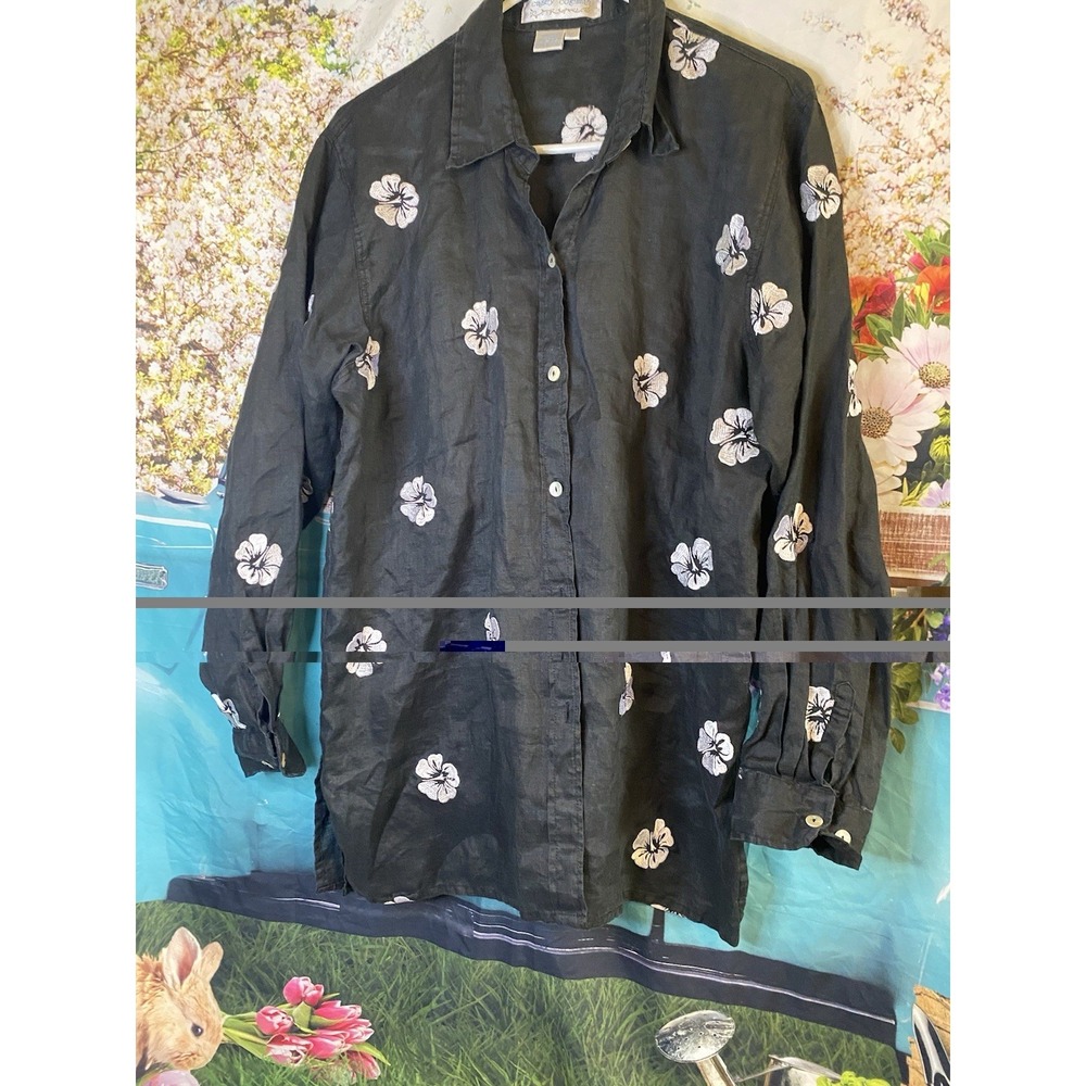 Casey Coleman Black Linen Tunic White Enbroidered Flowers Long Sleeves Misses L